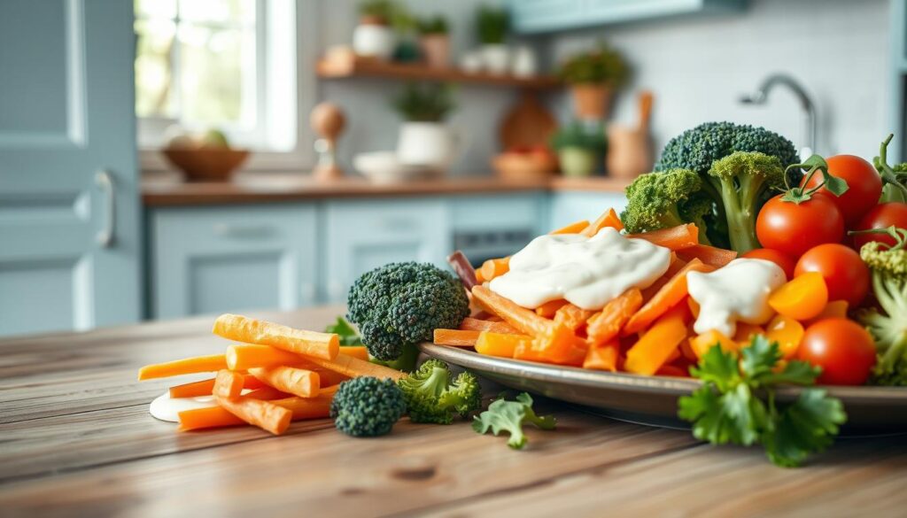 A well-lit, minimalist kitchen with light blue accents and wooden textures. On a wooden table, a vibrant arrangement of crunchy vegetables - crisp carrots, tender broccoli, and juicy cherry tomatoes. Alongside, a creamy white dressing gently coats the veggies, inviting a satisfying textural experience. The scene evokes a sense of freshness and balance, highlighting the diverse flavors and mouthfeel of a nourishing meal prep dish.
