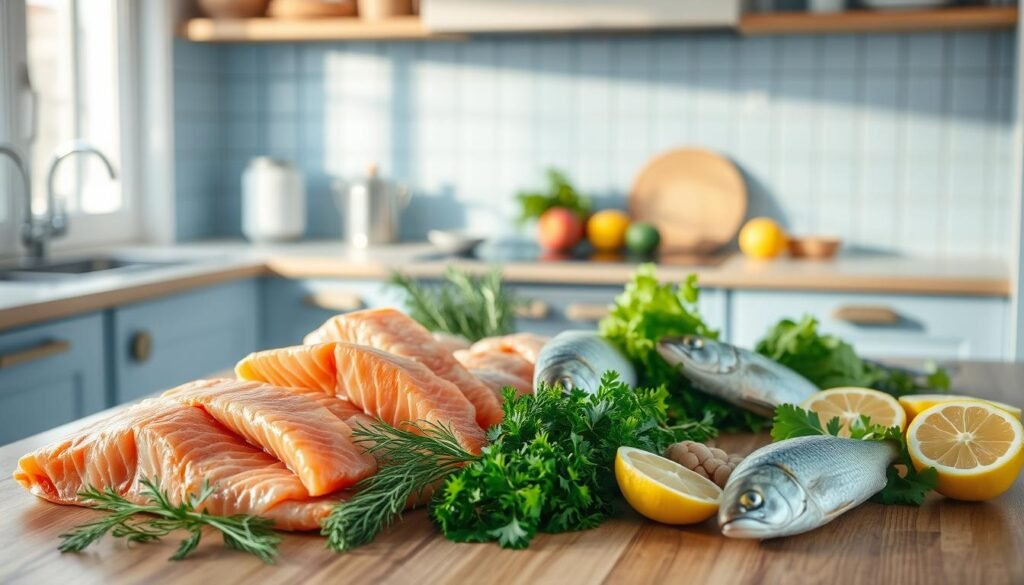 A well-lit, minimalist kitchen with light blue accents and wooden textures. On the counter, an assortment of fresh seafood, including salmon fillets, shrimp, and a variety of whole fish. Beside them, various herbs, spices, and vegetables that could complement the fish, such as fresh dill, lemon slices, and crisp greens. The scene conveys a sense of culinary preparation and the thoughtful selection of high-quality ingredients for a delicious, non-fishy meal.