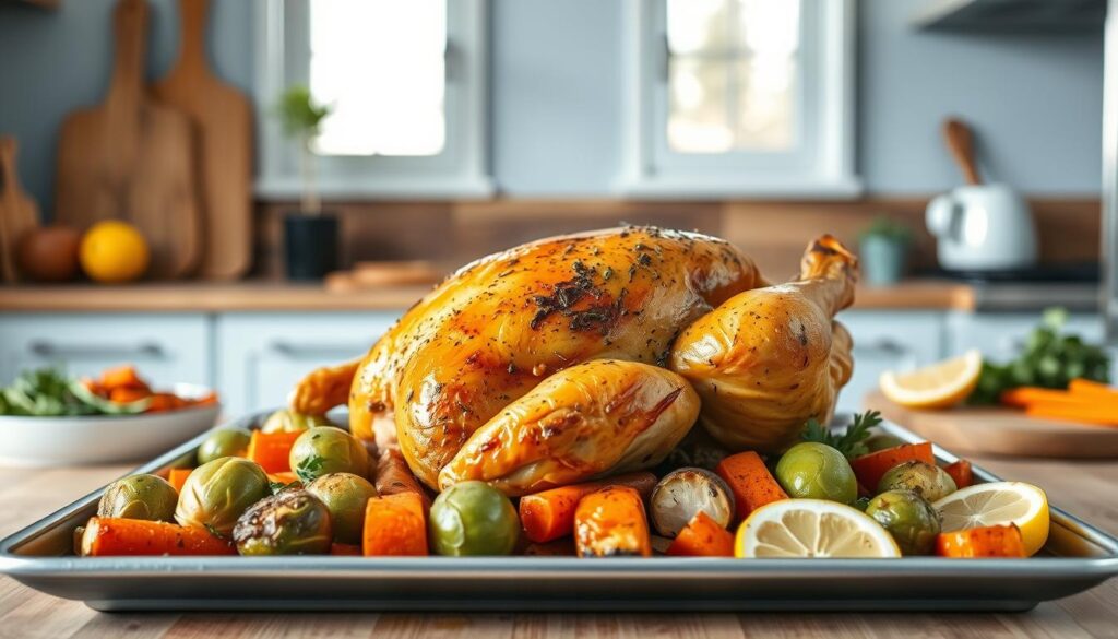 A well-lit, minimalist kitchen with light blue accents showcases an array of enticing sheet pan chicken recipes. In the foreground, a succulent roast chicken glistens with herbs and spices, surrounded by a medley of vibrant vegetables like roasted Brussels sprouts, carrots, and potatoes. The mid-ground features an assortment of neatly arranged ingredients, including fresh herbs, lemon wedges, and a drizzle of olive oil. The background reveals wooden textures and clean lines, creating a cozy, inviting atmosphere for this quick and flavorful meal. The scene is captured with a crisp, high-resolution lens, highlighting the mouthwatering details and the overall simplicity of this sheet pan chicken preparation.