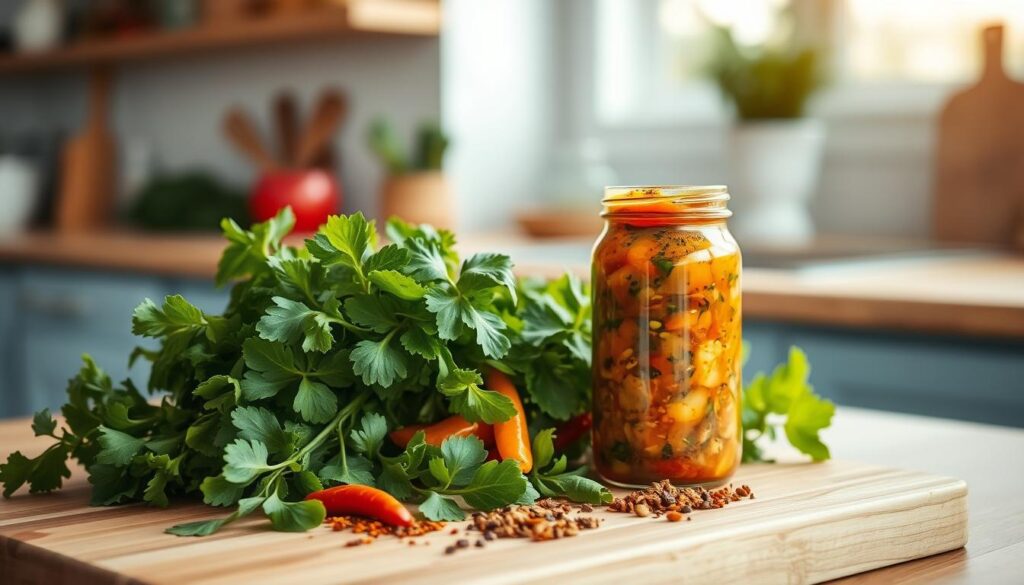 A well-lit, minimalist kitchen with natural wooden textures and light blue accents. Vibrant green herbs, crisp vegetables, and aromatic spices are artfully arranged on a wooden cutting board, exuding freshness and bold flavors. The soft, diffused lighting highlights the vivid colors and textures, creating a warm, inviting atmosphere. A glass jar filled with a colorful Asian-inspired sauce stands nearby, hinting at the flavorful potential of the ingredients. The composition is balanced and visually appealing, drawing the viewer's attention to the high-quality, fresh produce that is the focus of this culinary scene.