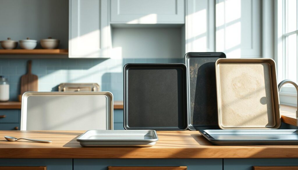A well-lit, minimalist kitchen with soft blue accents and warm wooden textures showcases an assortment of baking sheets in various sizes and materials. The sheets are arranged in a thoughtful composition, allowing close comparison of their unique features - from sturdy stainless steel to lightweight nonstick options. Subtle shadows and natural lighting create depth and highlight the subtle differences in surface finishes. The overall scene conveys a sense of culinary exploration, inviting the viewer to consider the best baking sheet for their specific cooking needs.