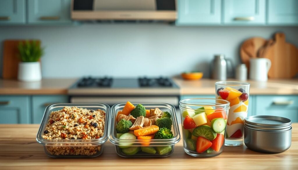 A well-lit, minimalist kitchen with warm wooden tones and soft blue accents. On the countertop, an assortment of meal prep containers hold various dietary-friendly options - a hearty quinoa salad with roasted vegetables, a high-protein chicken and broccoli stir-fry, and a refreshing fruit and yogurt parfait. The composition highlights the versatility and simplicity of these healthful, time-saving meal prep ideas, shot from a slightly elevated angle to showcase the inviting spread. The overall mood is clean, organized, and appetizing, conveying an effortless approach to nourishing, customizable lunches.