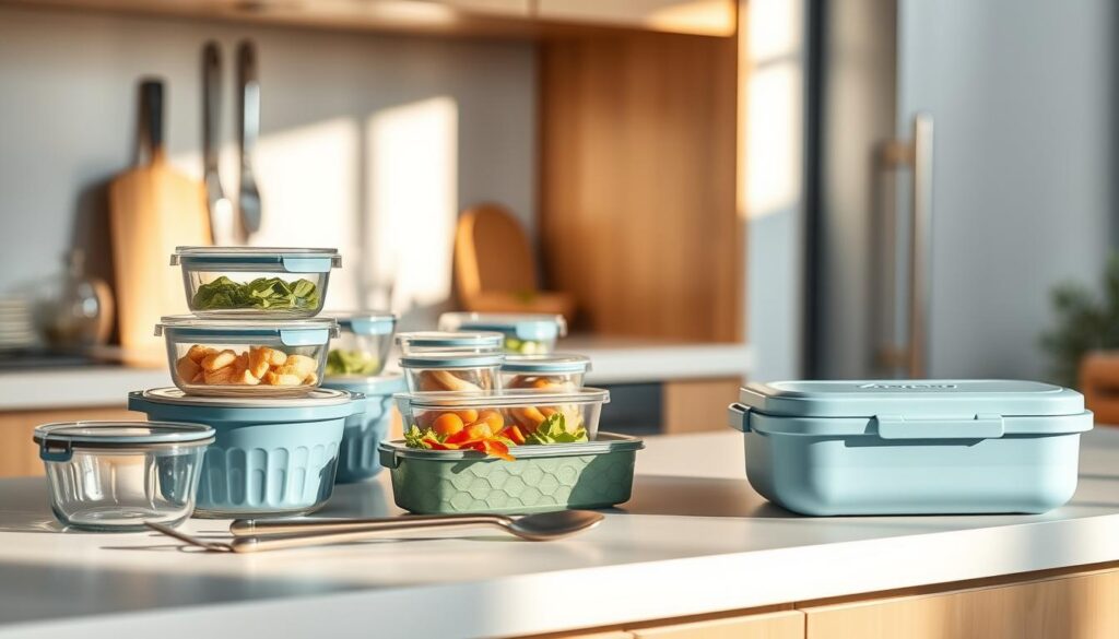 A well-lit, minimalist kitchen with wooden accents and soft blue hues. On the counter, an array of meal prep tools - glass storage containers, silicone bento boxes, stainless steel utensils, and a sleek lunchbox with a tight-fitting lid. The items are arranged with care, conveying a sense of organization and efficiency. The lighting is warm and natural, casting gentle shadows that accentuate the textures and shapes of the objects. The overall mood is one of calm, intentional preparation for a nourishing, portable meal.