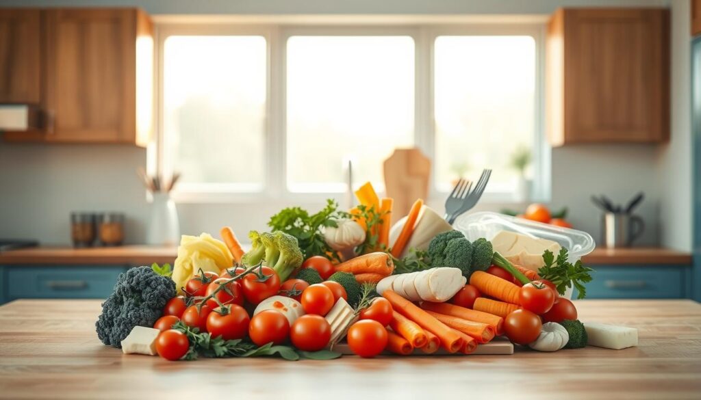 A well-lit, minimalist kitchen with wooden countertops and cabinets, accented by soft blue hues. On the counter, an array of customizable casserole ingredients artfully arranged: juicy tomatoes, tender chicken breasts, hearty vegetables like broccoli and carrots, fragrant herbs, and a variety of cheeses. The lighting casts a warm, inviting glow, highlighting the fresh, vibrant colors and textures of the ingredients. The scene conveys a sense of culinary possibilities, inspiring the viewer to envision their own personalized casserole creation.