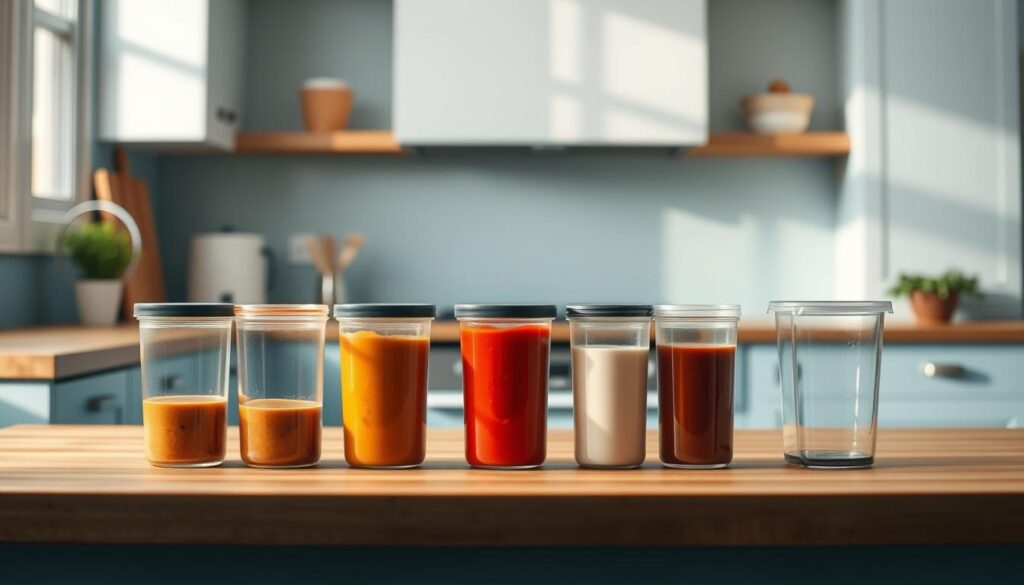 A well-lit, minimalist kitchen with wooden countertops and light blue accents showcases a selection of meal prep containers. Sleek, transparent containers of various sizes and shapes stand in a row, ready to hold fresh, flavorful sauces for on-the-go meals. The containers are illuminated from above, casting soft shadows and highlighting their clean, modern design. The scene conveys a sense of organization and efficiency, inviting the viewer to envision their own meal prep routine. The overall atmosphere is calm and inspiring, perfectly suited for a product roundup of the top meal prep sauce containers.