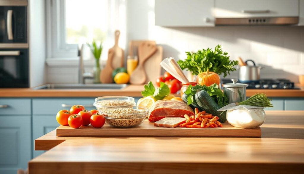 A well-lit, minimalist kitchen with wooden countertops and light blue accents. A tidy arrangement of fresh, whole ingredients - vegetables, grains, and lean protein - neatly organized on the counter, conveying the benefits of simple, nutritious meal prep. Soft, directional lighting from the side casts gentle shadows, emphasizing the clean lines and natural textures. The overall atmosphere is one of efficiency, health, and ease, capturing the advantages of a pared-down, five-ingredient approach to weeknight dinners.