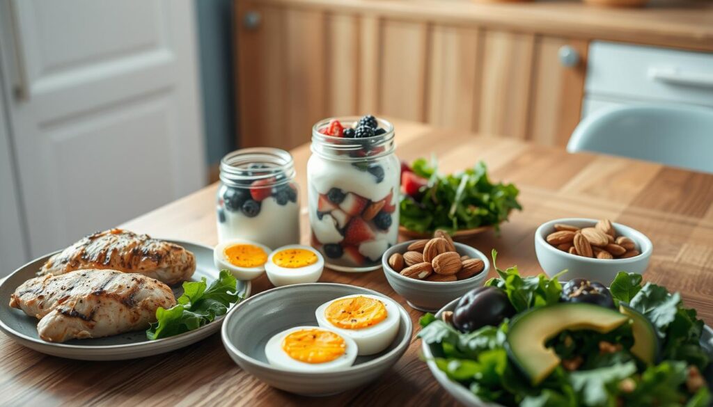 A well-lit, minimalist kitchen with wooden textures and light blue accents. A variety of protein-packed lunch options arranged on a wooden table: grilled chicken breast, hard-boiled eggs, a mason jar filled with Greek yogurt and mixed berries, a small bowl of roasted almonds, and a leafy green salad with sliced avocado. The scene is captured from a slight overhead angle, highlighting the fresh, wholesome ingredients. The mood is calm and inviting, conveying the nourishing power of this wellness-focused meal.