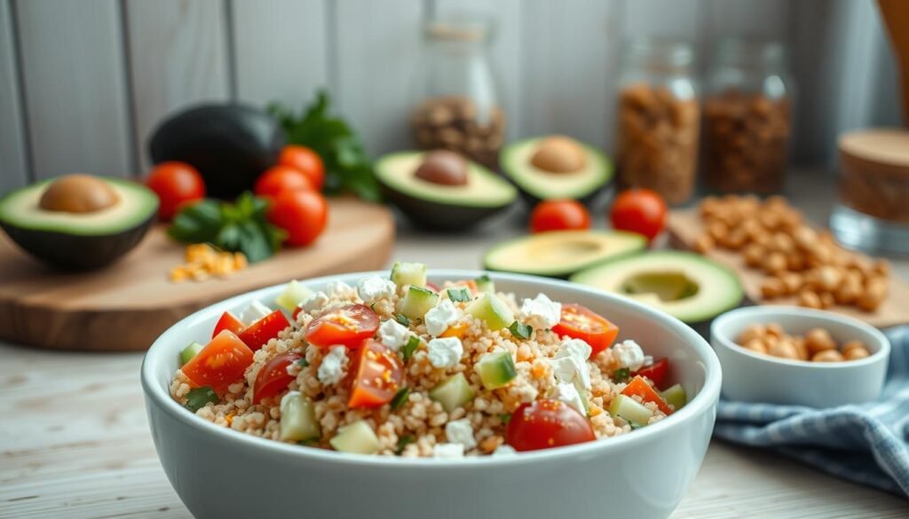A well-lit, minimalist kitchen with wooden textures and light blue accents. In the foreground, a white ceramic bowl filled with fluffy quinoa, diced cucumber, halved cherry tomatoes, and crumbled feta cheese. Nearby, a wooden cutting board showcases sliced avocado, fresh herbs, and a sprinkle of lemon zest. In the background, a glass jar of hemp seeds and a small bowl of roasted chickpeas complete the nourishing quinoa salad components, ready to be assembled into a delicious and nutritious lunch.