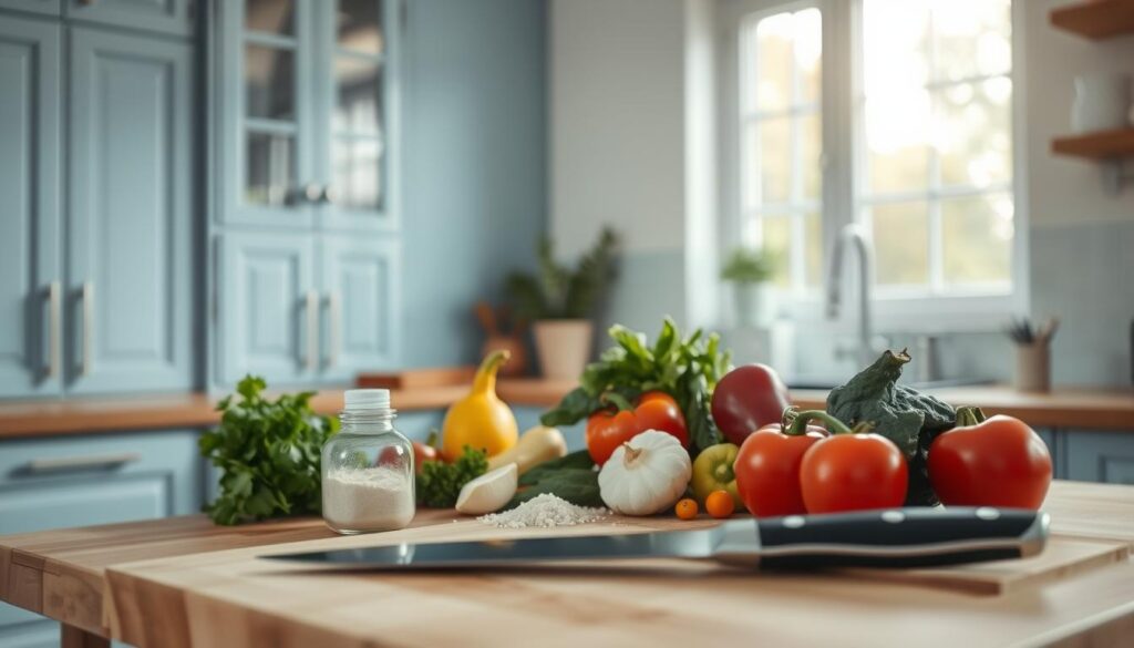 A well-lit, modern kitchen with light blue cabinetry and wooden countertops. On the countertop, an array of fresh vegetables, herbs, and a few low-sodium seasonings, such as garlic powder and onion flakes. In the foreground, a chef's knife and a cutting board, indicating the preparation of a healthy, low-sodium meal. Soft, natural lighting filters through a large window, casting a warm glow over the scene. The overall atmosphere is calm, inviting, and focused on the art of low-sodium cooking techniques.