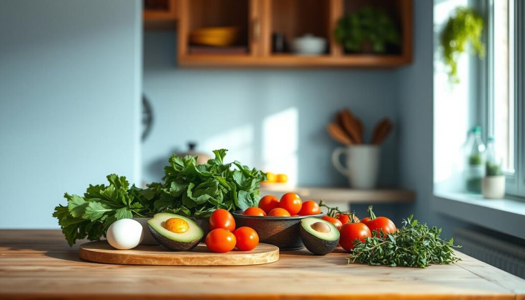 A well-lit, rustic kitchen counter with a wooden surface, set against a light blue wall. Artfully arranged ingredients for a healthy breakfast: fresh eggs, crisp greens, ripe avocado, juicy tomatoes, and a bundle of fragrant herbs. Soft natural light filters through a nearby window, casting a warm glow on the scene. The image conveys a sense of simplicity, nourishment, and the joy of meal prepping for a fresh and delicious start to the day.