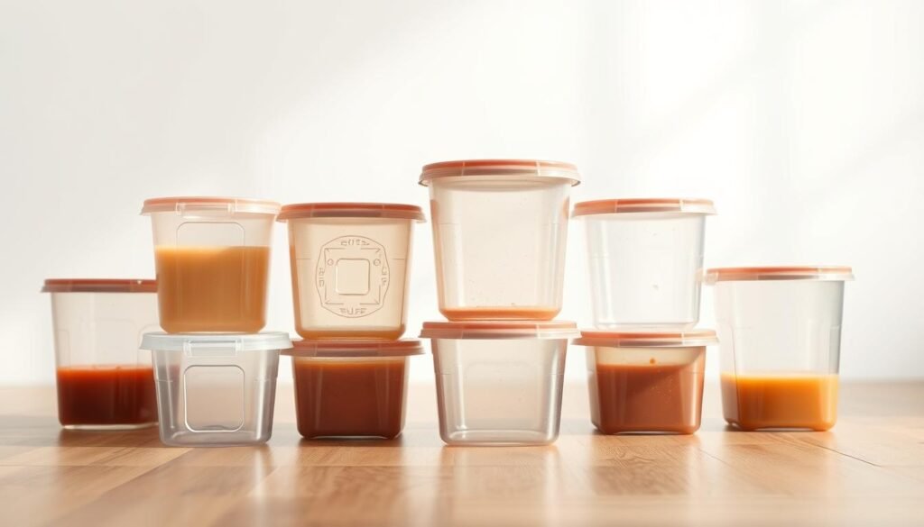 A well-lit studio setting with a clean, white backdrop showcasing an arrangement of durable, transparent plastic containers. The containers display various scuffs, dents, and scratches, the results of rigorous drop testing from various heights onto a hardwood floor. The lighting is soft and diffused, accentuating the containers' resilience and highlighting their ability to withstand impact without leakage. The scene conveys a sense of quality, reliability, and attention to detail, reflecting the high standards of the office meal prep sauce containers.