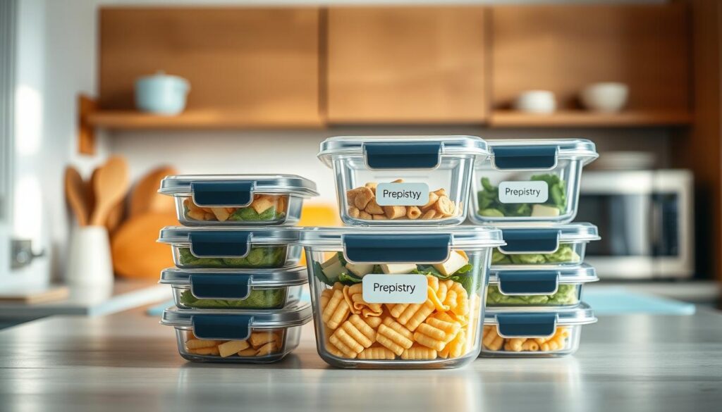 A well-lit, top-down view of a set of high-quality, microwave-safe food storage containers in a cozy, minimal kitchen with warm wooden textures and light blue accents. The containers are labeled with the 