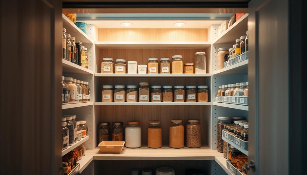 A well-organized and efficient pantry in a cozy, minimalist office kitchen. The shelves are neatly stocked with labeled jars and canisters, allowing for easy identification and access to essential pantry staples. The lighting is soft and warm, casting a gentle glow over the meticulously arranged items. The wooden textures and light blue accents create a calming, inviting atmosphere, perfect for meal prep and organization. The camera angle captures the entire pantry, showcasing its thoughtful layout and design, inspiring viewers to adopt similar organizational strategies in their own workspaces.