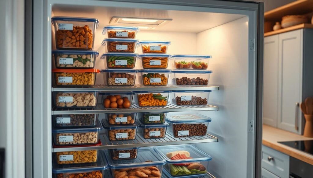 A well-organized and visually appealing freezer storage system, featuring transparent stackable containers neatly arranged on sleek metal shelves. The containers are filled with an assortment of batch-cooked meals, each labeled with the dish and date. Soft, warm lighting from above casts a comforting glow, highlighting the efficient layout and the vibrant colors of the food. The background showcases a minimal, Scandinavian-inspired kitchen with wooden accents and light blue cabinetry, creating a harmonious and inviting atmosphere.