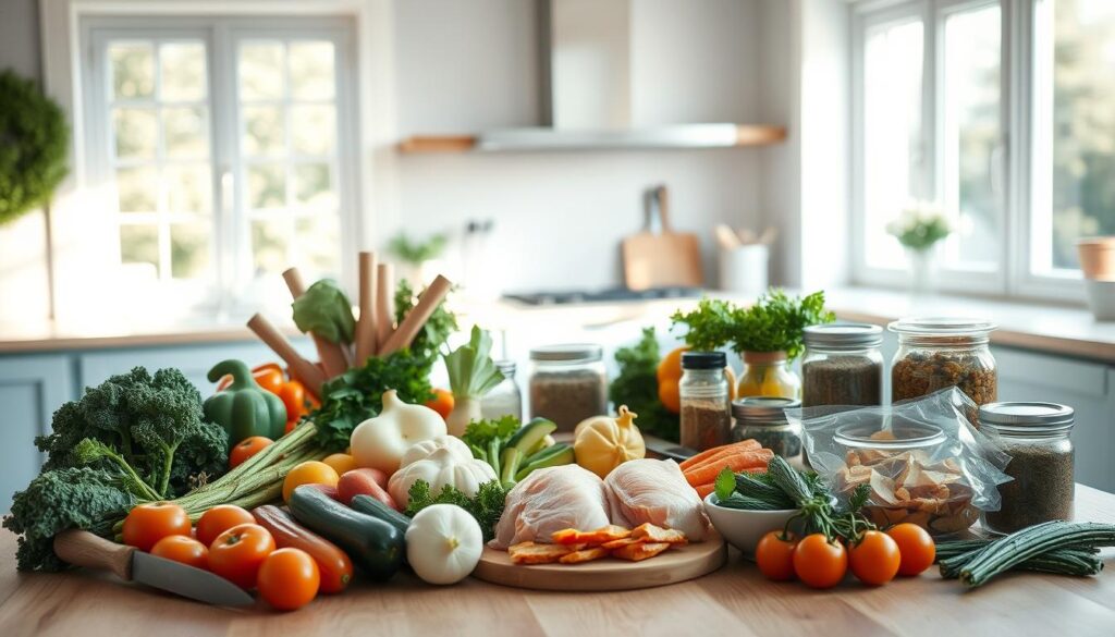 A well-organized arrangement of common batch cooking ingredients on a light wooden table in a minimalist kitchen. The scene is bathed in soft, natural lighting filtering through large windows, casting a warm, cozy glow. In the foreground, an assortment of fresh vegetables, proteins like chicken breasts and salmon fillets, and jars of spices and seasonings. In the middle ground, various cooking tools and utensils, including a cutting board, sharp knives, and glass storage containers. The background features subtle light blue accents, complementing the natural wood tones, creating a harmonious and inviting atmosphere for meal preparation.