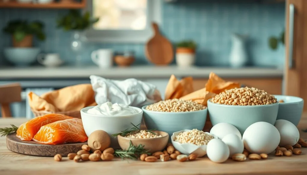 A well-organized arrangement of high-protein foods including chicken breasts, salmon fillets, eggs, quinoa, Greek yogurt, and nuts, set against a backdrop of a cozy, minimal kitchen with warm wooden textures and light blue accents. Soft, natural lighting illuminates the scene, casting a calm, inviting atmosphere. The composition is balanced, with the ingredients positioned in a visually appealing manner to showcase their nutritional benefits.