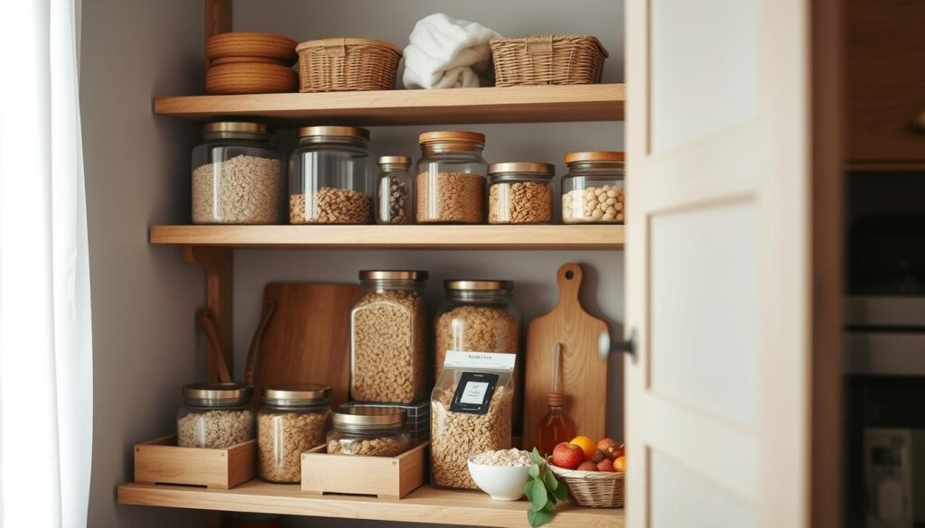 A well-organized breakfast food storage space with wooden shelves, clear glass jars, and woven baskets. Soft natural light filters through a nearby window, highlighting the textures and colors. An assortment of healthy breakfast items – oatmeal, granola, fresh fruit, and honey – are neatly arranged, conveying a sense of order and efficiency. The overall mood is one of simplicity, functionality, and a commitment to mindful meal preparation.