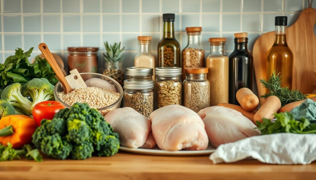 A well-organized collection of macro-friendly dinner essentials arranged neatly on a wooden kitchen counter. In the foreground, a selection of fresh vegetables, lean proteins, and whole grains, including broccoli, chicken breasts, quinoa, and sweet potatoes. In the middle ground, glass jars filled with spices, herbs, and healthy oils. The background features a minimalist, light blue tiled wall, creating a clean, calming atmosphere. Warm, natural lighting casts a soft glow over the scene, highlighting the textures and colors of the ingredients. The composition is balanced and visually appealing, showcasing the essential tools for crafting nutritious, macro-conscious meals.