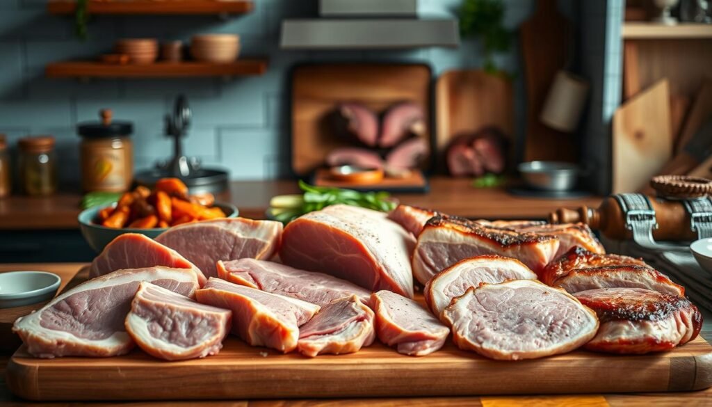 A well-organized display of various pork cuts - tender pork tenderloin, juicy pork chops, hearty pork shoulder, and flavorful pork belly - arranged on a wooden cutting board. In the background, cooking methods are depicted, such as a sizzling pork stir-fry, succulent roasted pork, and mouthwatering braised pork, all set against a cozy kitchen backdrop with light blue accents and warm wooden textures. Soft, directional lighting casts subtle shadows, highlighting the rich colors and textures of the pork and cooking techniques. The overall mood is one of culinary expertise and comforting, homemade appeal.