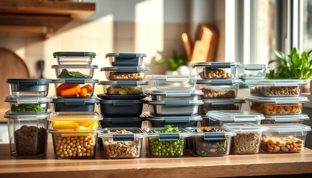 A well-organized display of various vegan meal storage containers on a wooden kitchen countertop. The assortment includes a mix of glass, stainless steel, and BPA-free plastic containers in different sizes and shapes, arranged neatly with attention to color coordination and aesthetic appeal. Soft, natural lighting from a nearby window casts gentle shadows, highlighting the textures and materials. The overall scene conveys a sense of organization, practicality, and a commitment to sustainable, animal-friendly meal prep solutions.