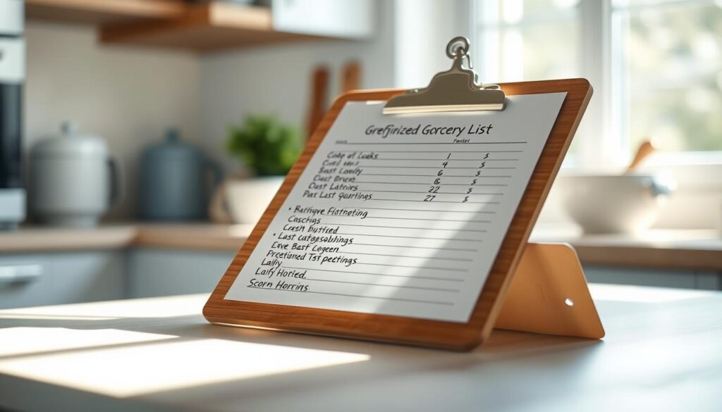 A well-organized grocery list on a wooden clipboard, with neatly written items arranged in efficient categories. The list is illuminated by soft, natural light filtering through a kitchen window, casting gentle shadows. In the background, the clean, minimalist kitchen features light blue accents, adding a calming atmosphere. The overall composition conveys a sense of order, productivity, and attention to detail, perfectly capturing the concept of 