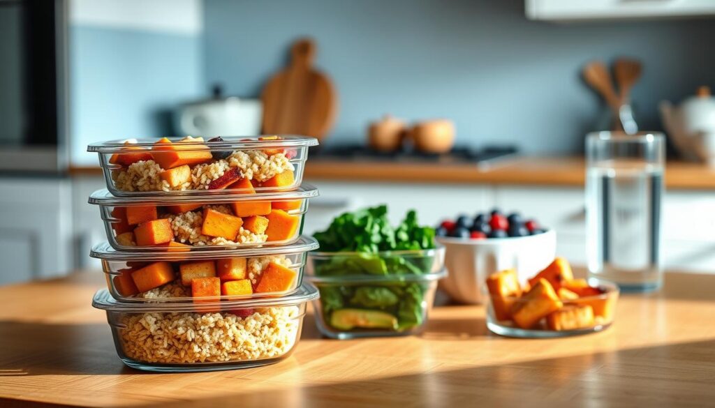A well-organized, high-protein plant-based meal prep on a wooden kitchen counter. In the foreground, a stack of bento-style containers filled with colorful, nutrient-dense ingredients: roasted sweet potatoes, quinoa, sautéed kale, and marinated tofu. In the middle ground, a bowl of fresh berries and a glass of water. The background features a minimal, light blue-accented kitchen with natural wooden textures, creating a warm, cozy atmosphere. The overall scene conveys the simplicity and nourishment of a high-protein, plant-based cold lunch.