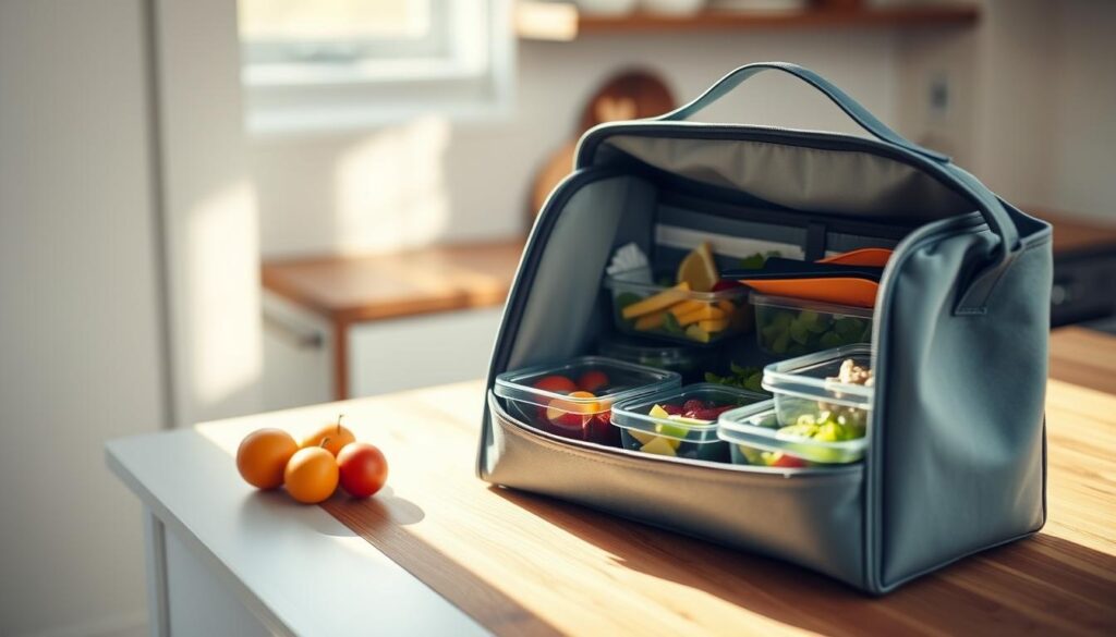 A well-organized insulated lunch tote sits on a wooden kitchen counter, its contents neatly arranged and easily accessible. Soft light streams in through a nearby window, casting a warm glow on the tote's muted blue exterior. The tote's interior compartments are clearly visible, showcasing a variety of temperature-controlled containers holding a variety of healthy, office-friendly meals. The overall scene exudes a sense of efficiency and intentionality, perfectly capturing the essence of 