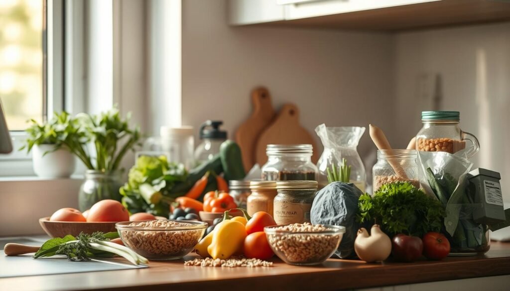 A well-organized kitchen counter, adorned with a variety of fresh, vibrant ingredients - crisp vegetables, whole grains, lean proteins, and jars of healthy condiments. Soft, natural light filters through a nearby window, casting a warm glow over the scene. The arrangement is intentional and visually appealing, conveying a sense of mindfulness and efficiency. This meticulously curated collection of meal prep essentials reflects the importance of nourishing the body and mind for a successful, productive workday. The mood is one of calm, focus, and the promise of well-balanced, energizing meals to come.
