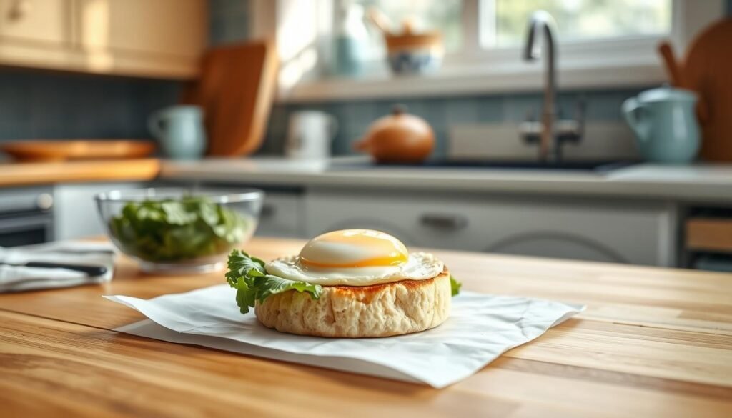 A well-organized kitchen counter, bathed in natural light, showcases the assembly of a delectable meal prep: an English muffin, lightly toasted to a golden hue, nestled between fresh greens and a perfectly cooked egg, all captured in a minimalist, artful composition. The scene exudes a sense of effortless efficiency, highlighting the benefits of planning ahead for a nourishing, on-the-go breakfast. Wooden textures and light blue accents create a cozy, inviting atmosphere, drawing the viewer into the simple pleasures of a meticulously crafted freezer-friendly meal.