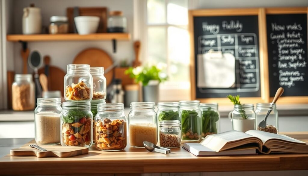 A well-organized kitchen counter, bathed in soft natural light, displaying an array of glass jars and containers filled with prepped ingredients. Chopping boards, utensils, and a small cookbook suggest a purposeful meal prep session. In the background, a chalkboard board showcases a weekly meal plan, hinting at a structured approach to low-sugar breakfasts. The scene exudes a sense of calm efficiency, inviting the viewer to envision a smooth, streamlined weekday morning routine.