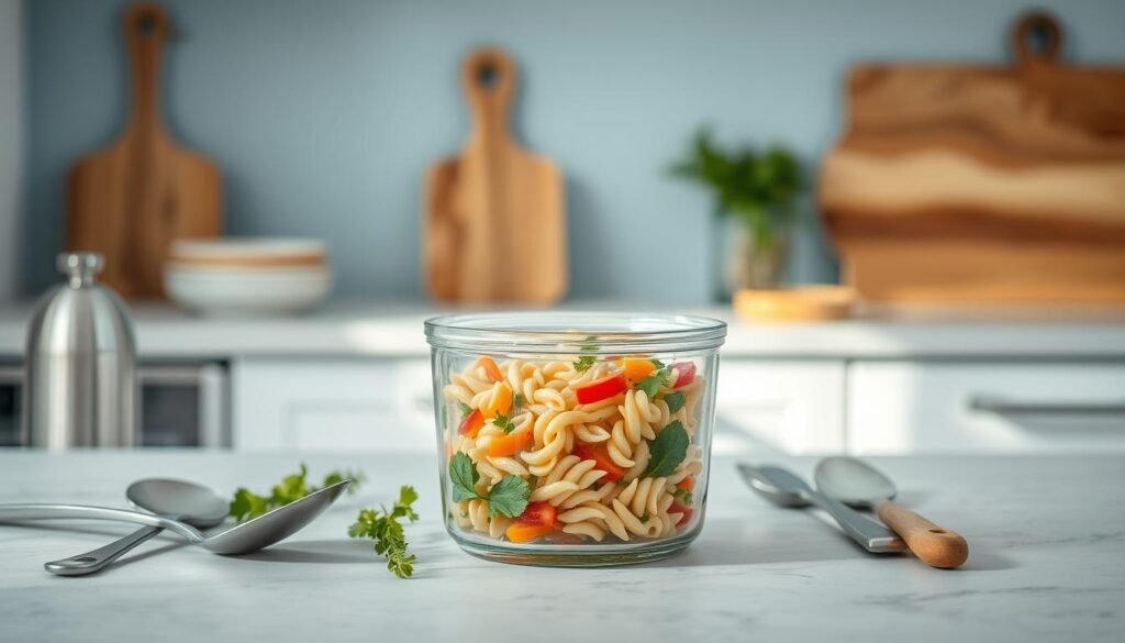 A well-organized kitchen counter displays a glass container filled with vibrant, freshly tossed pasta salad, its colors and textures shining under soft, diffused lighting. Surrounding the container are stainless steel utensils, a wooden cutting board, and a few sprigs of fresh herbs, creating a calming, minimalist composition. The light blue walls and natural wood accents evoke a sense of simplicity and ease, inviting the viewer to imagine enjoying this nourishing, make-ahead meal throughout the week.