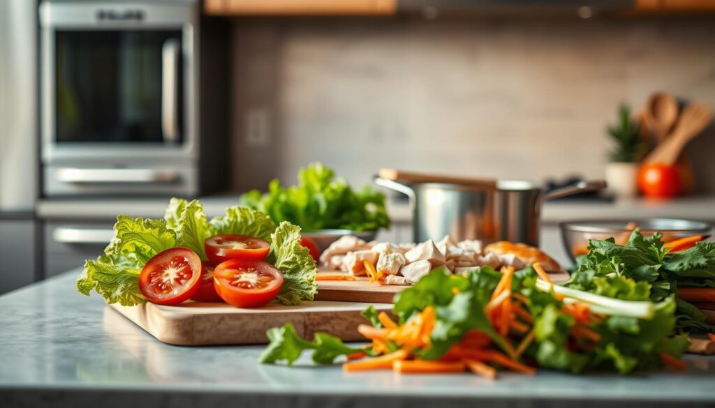A well-organized kitchen counter displays a variety of freshly prepared meal components. In the foreground, crisp green lettuce leaves, sliced tomatoes, and shredded carrots await assembly. In the middle ground, a cutting board showcases neatly diced chicken breasts, while a saucepan simmers with a fragrant sauce. The background features stainless steel appliances and a minimalist backsplash, bathed in warm, natural lighting that casts a soft glow over the scene. The overall atmosphere conveys a sense of efficiency and culinary preparedness, ideal for a mix-and-match lunch meal prep system.