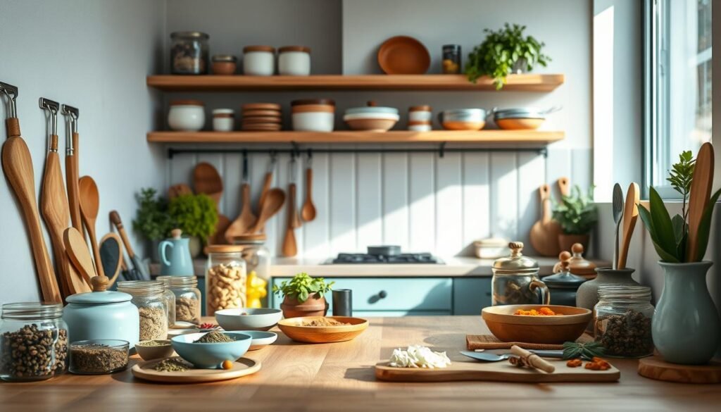 A well-organized kitchen counter displays an array of neatly arranged spices, herbs, and cooking utensils, bathed in soft, natural lighting. The streamlined layout showcases a thoughtful balance of functionality and aesthetic appeal, with the wooden textures and light blue accents creating a calming, minimalist atmosphere. Every item is within easy reach, reflecting the efficiency and attention to detail that characterize an advanced Indian meal prep routine.