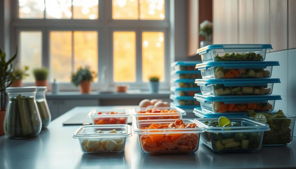 A well-organized kitchen counter displays an array of prepped ingredients - chopped vegetables, portioned proteins, and storage containers stacked neatly. Warm, natural lighting filters through large windows, casting a soft glow on the scene. Minimalist decor in light blue and wood tones creates a calming, efficient atmosphere. The composition emphasizes the convenience and time-saving benefits of meal prepping, with every element arranged to showcase the streamlined process. The overall impression is one of organization, simplicity, and the promise of healthy, homemade meals to come.