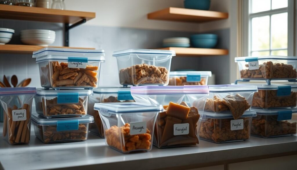 A well-organized kitchen counter displays an assortment of airtight glass containers and ziplock bags, each filled with neatly portioned homemade meals. The containers are meticulously labeled, showcasing a variety of hearty dishes ready to be frozen and stored for future use. Soft, natural light filters through a nearby window, casting a warm glow on the organized freezer storage system. Wooden shelves and minimal blue accents create a calming, efficient atmosphere, emphasizing the thoughtful preparation of these nutritious, family-friendly meals.
