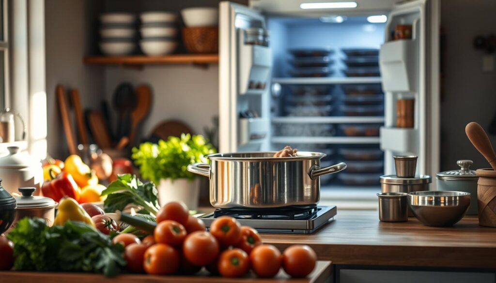 A well-organized kitchen counter, filled with various cooking vessels and utensils, takes center stage. In the foreground, a selection of fresh, colorful produce stands ready for preparation. Soft, natural lighting filters in, casting gentle shadows and highlighting the textures of the wood and ceramic surfaces. The middle ground features a large, stainless-steel stockpot simmering with a hearty, nourishing stew, its aroma filling the air. In the background, an open refrigerator reveals an array of meal-prepped containers, ready to be frozen and enjoyed later. The atmosphere is one of efficiency, simplicity, and the warmth of home-cooked meals.