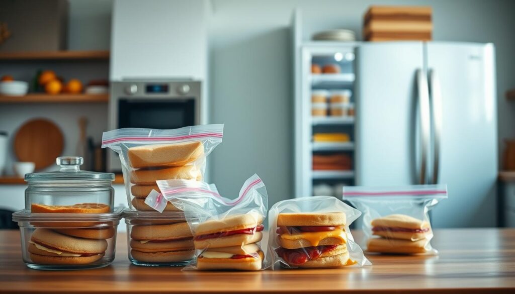 A well-organized kitchen counter showcases a variety of freezer-friendly breakfast storage solutions. In the foreground, glass containers and resealable bags neatly hold pre-portioned breakfast sandwiches, while the middle ground features a sleek, minimalist freezer with organized shelves. The background subtly hints at the cozy, light blue-accented kitchen, creating a warm, inviting atmosphere. The lighting is soft and natural, highlighting the wooden textures and the overall sense of practicality and efficiency. The scene conveys a sense of preparedness and intentionality, perfectly suiting the "Freezer Storage and Reheating Tips for Freezer Breakfast Sandwiches Grab Go" section.