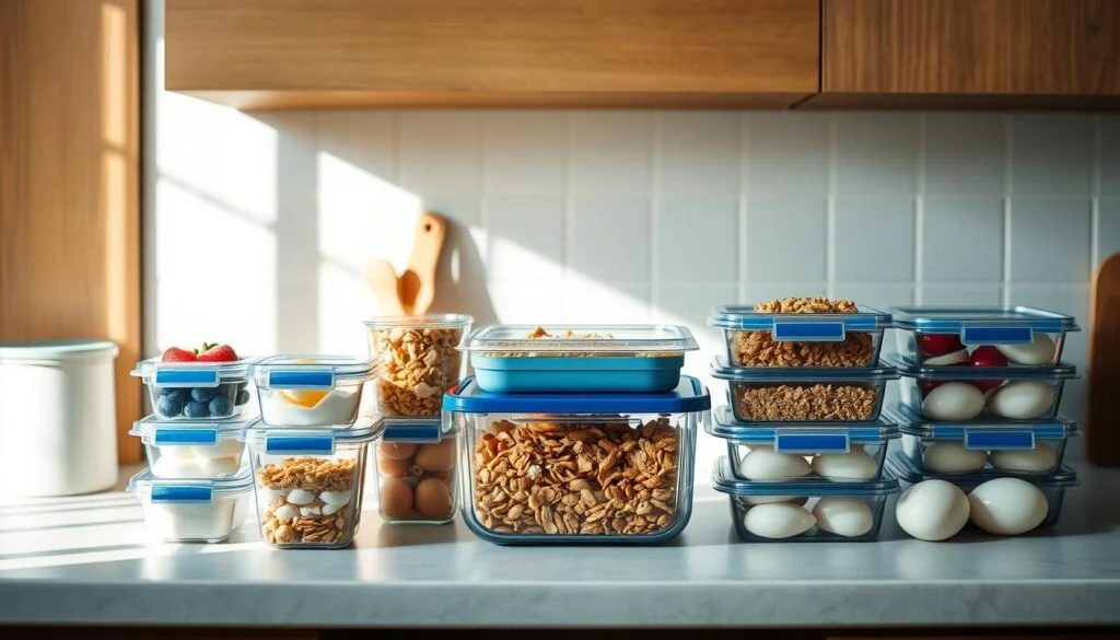 A well-organized kitchen counter showcases a variety of meal prep containers, each filled with healthy breakfast ingredients. Fresh fruits, yogurt, granola, and hard-boiled eggs are neatly arranged, creating a visually appealing and efficient setup. The lighting is soft and natural, casting a warm glow on the scene. The minimal, wooden-accented surroundings emphasize the simplicity and practicality of the meal prep strategies. The overall atmosphere is calm, organized, and inspiring, reflecting the "Smart Meal Prep for Busy Mornings" theme.