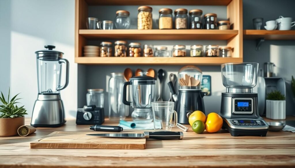 A well-organized kitchen counter showcases an assortment of essential meal prep tools. In the foreground, a cutting board, chef's knife, and vegetable peeler rest upon a clean, wooden surface. Beside them, a high-quality blender, food processor, and handheld mixer stand ready for various culinary tasks. In the middle ground, a set of measuring cups and spoons, along with a digital food scale, provide precision for recipes. In the background, open shelves display a variety of glass jars, airtight containers, and other storage solutions, all complemented by soft, natural lighting and the calming blue-gray hues of the modern kitchen.