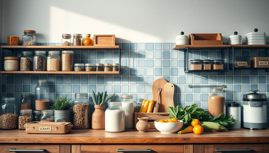 A well-organized kitchen counter showcasing a variety of smartly stored ingredients. Glass jars, wooden crates, and minimalist metal racks hold an assortment of spices, grains, and fresh produce. Soft, diffused lighting casts warm tones across the natural wood surfaces. The layout is clean and uncluttered, with a sense of order and efficiency. Muted blue accents in the form of a patterned tile backsplash add a touch of subtle sophistication. The overall mood is one of calm, functional simplicity - a culinary workspace designed for ease of access and inspiration.