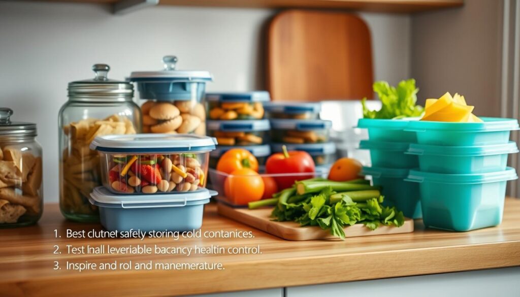 A well-organized kitchen counter showcasing various food storage containers, including glass jars, airtight plastic containers, and reusable silicone bags. The lighting is soft and natural, casting a warm glow on the wooden surfaces. In the foreground, a set of guidelines or instructions outlines best practices for safely storing cold lunches, emphasizing portion control and temperature maintenance. The middle ground features a selection of fresh produce, neatly arranged, to inspire healthy meal preparation. The background subtly suggests a cozy, minimalist atmosphere, with light blue accents and a sense of order and organization.
