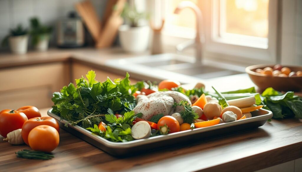 A well-organized kitchen counter with a sheet pan in the center, filled with a variety of fresh vegetables, chicken, and herbs. Soft, natural lighting from a nearby window casts a warm glow, highlighting the textures of the wood and the vibrant colors of the ingredients. The scene conveys a sense of simplicity, efficiency, and the convenience of one-pan cooking, perfect for busy lives.