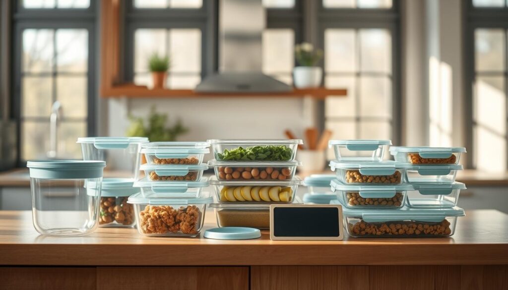 A well-organized kitchen counter with a variety of glass and plastic meal prep containers, reusable silicone lids, and a small chalkboard label. Bright natural lighting from large windows creates a warm, inviting atmosphere. The wooden texture of the counter and accents of soft blue provide a soothing, minimalist aesthetic. Neatly arranged containers showcase a range of meal preparation solutions, highlighting their functionality and practicality. The composition emphasizes efficiency, organization, and a thoughtful approach to meal planning and storage.