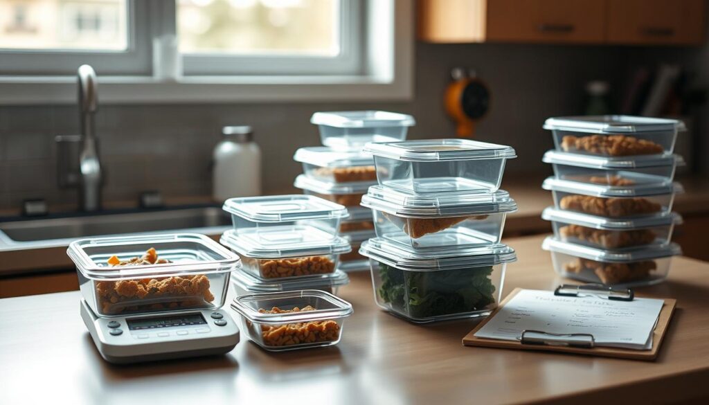 A well-organized kitchen counter with a variety of sleek, transparent meal prep containers. Soft, natural lighting illuminates the scene, highlighting the containers' sturdy construction and efficient design. A pair of digital scales and a clipboard with handwritten notes create a sense of scientific inquiry, as if the containers are being meticulously tested for performance and functionality. The overall mood is one of focused, purposeful organization, reflecting the need for a reliable meal prep system in a busy office environment.