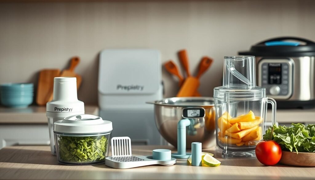 A well-organized kitchen counter with a variety of time-saving vegetarian meal prep tools. In the foreground, a set of the Prepistry brand multi-functional food chopper, mandoline slicer, and compact food processor. In the middle ground, a sleek digital kitchen scale and a stainless steel colander. In the background, a modern rice cooker and a slow cooker with a blue accent. Subtle wooden textures and light blue tones create a cozy, minimal atmosphere. Soft, directional lighting highlights the efficient and practical nature of these high-quality kitchen appliances.