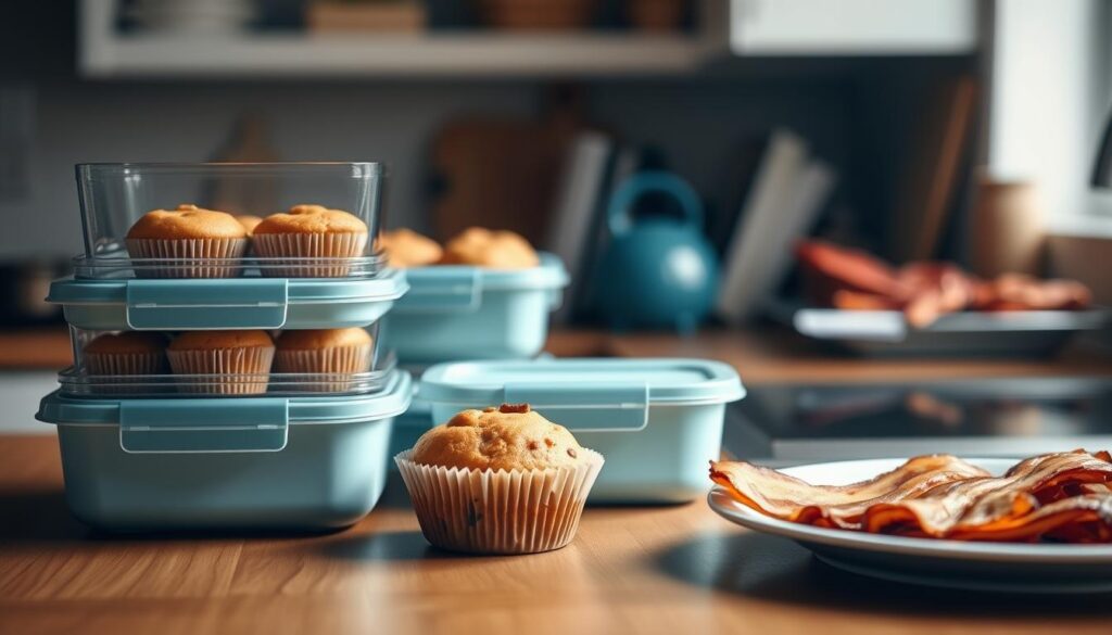 A well-organized kitchen counter with neatly stacked meal prep containers, a stack of freshly baked muffins, and a plate of sizzling bacon. Warm, soft lighting illuminates the scene, highlighting the textures of the wooden surfaces and light blue accents. The arrangement conveys a sense of efficiency and mindfulness, ready to kickstart a productive morning routine. The image has a clean, minimalist aesthetic that aligns with the 