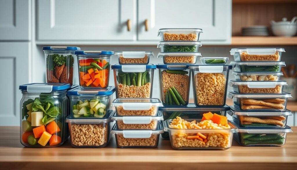 A well-organized kitchen counter with various meal prep containers, including glass jars, plastic tubs, and stackable trays. The containers are filled with an assortment of fresh ingredients like chopped vegetables, cooked grains, and pre-portioned proteins. The layout is symmetrical and visually appealing, with a minimalist aesthetic enhanced by the light blue accents on the kitchen cabinets and a warm, natural wooden surface. The scene is illuminated by soft, natural lighting, casting a cozy and inviting atmosphere. The angle is slightly elevated, providing a comprehensive view of the organized setup, emphasizing the efficiency and practicality of this meal prep routine.