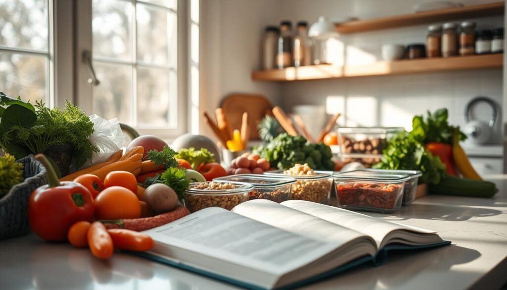 A well-organized kitchen countertop displays an assortment of fresh, wholesome ingredients - vibrant vegetables, whole grains, lean proteins, and healthy fats. Sunlight streams through minimalist windows, casting a warm glow on the scene. In the foreground, a recipe book lies open, its pages filled with nourishing meal ideas. The middle ground features meal prep containers, neatly arranged, waiting to be filled with balanced, nutrient-dense dinners. In the background, shelves hold jars of spices and herbs, ready to enhance the flavors of these healthy dishes. The overall atmosphere emanates a sense of calm, intention, and a commitment to wellness through mindful meal planning.