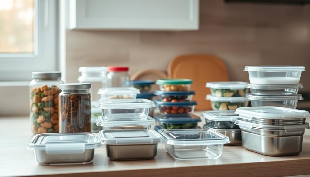 A well-organized kitchen countertop showcasing an assortment of meal prep storage containers. The containers feature various shapes, sizes, and colors, including rectangular glass jars, round plastic containers with snap-on lids, and stainless steel bento-style boxes. The containers are arranged in a visually appealing layout, highlighting their functionality and practicality for efficient meal planning. Soft natural light filters through a nearby window, creating a warm, inviting atmosphere. The background features a minimal, light-colored wooden surface, complementing the sleek, modern aesthetic of the storage containers.