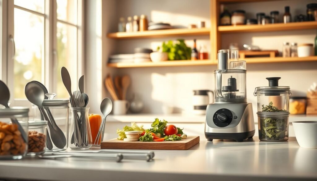 A well-organized kitchen filled with time-saving meal prep tools. In the foreground, a set of sturdy glass containers and sleek steel utensils arranged neatly. In the middle, a cutting board with freshly chopped vegetables, accompanied by a high-powered blender and a compact food processor. The background showcases open shelves displaying a variety of spices and healthy pantry staples. Warm, natural lighting filters through large windows, casting a cozy glow over the scene. The overall atmosphere conveys efficiency, organization, and a mindful approach to nourishing, home-cooked meals.